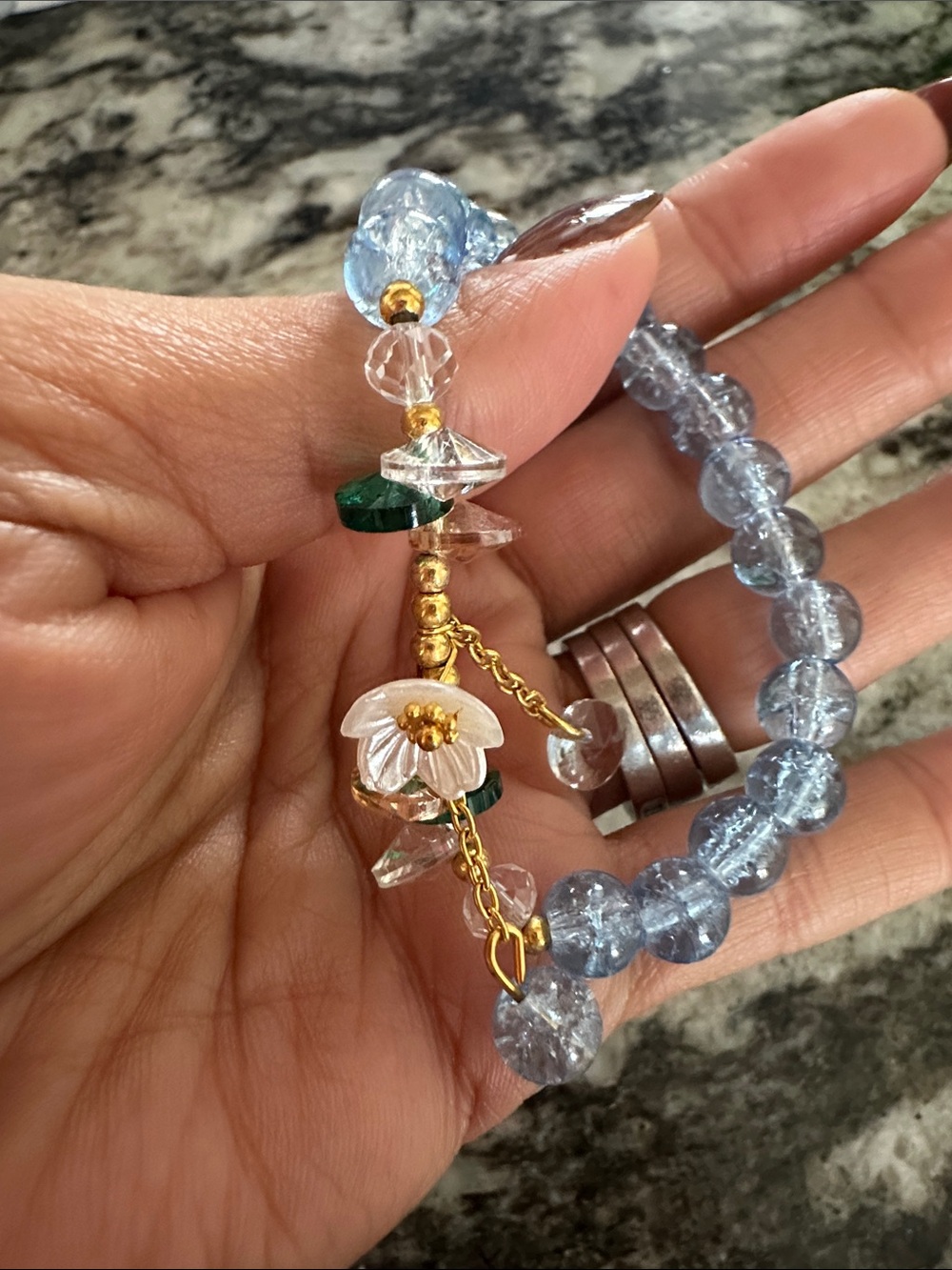 Gold-Trim Light Blue Beaded Flower Bracelet